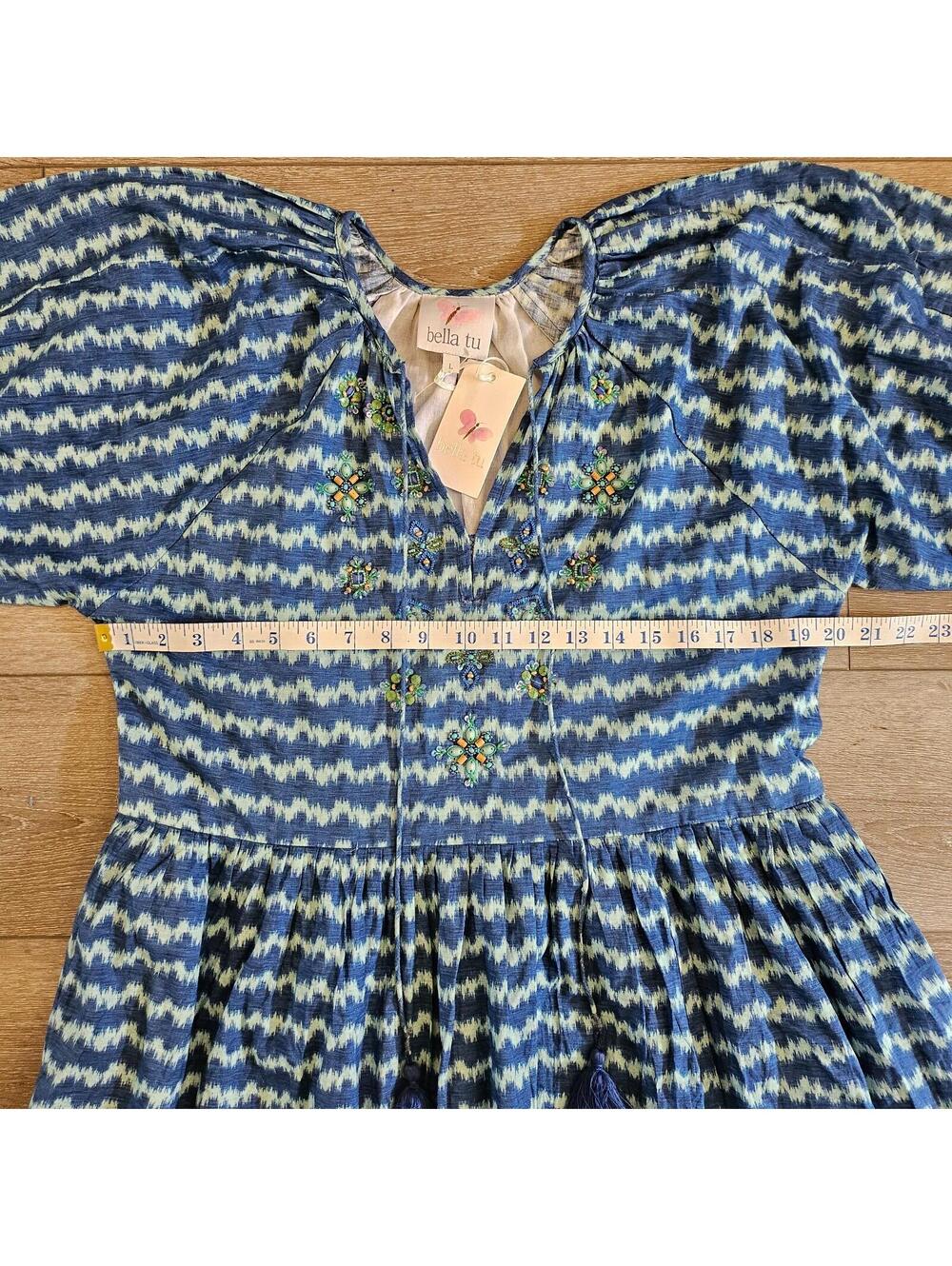 Bella Tu Womens Kaftan Dress Blue Ikat V-Neck 3/4 Sleeve Emblemished Size L NWT - Picture 4 of 9